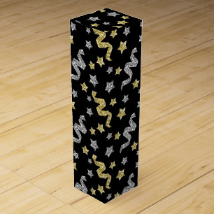 BLACK GOLD SILVER NEW YEARS STARS & RIBBONS WINE BOX