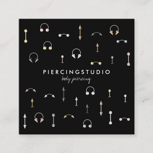 Black Gold Silver Pink Body Piercing Square Business Card (Front)