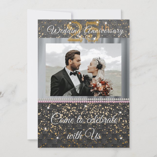 Black Gold & Silver Silk 25th  Wedding Anniversary Invitation (Front)
