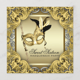 Black Gold Silver Sweet Sixteen Masquerade Party Invitation