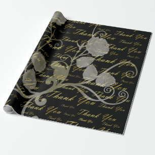 black, gold, silver, thank you, flowers, floral, wrapping paper