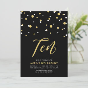 Black & Gold Simple 10th Teen Birthday Party Invit Invitation
