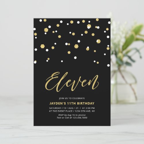 Black  Gold Simple 11th Teen Birthday Party Invit Invitation