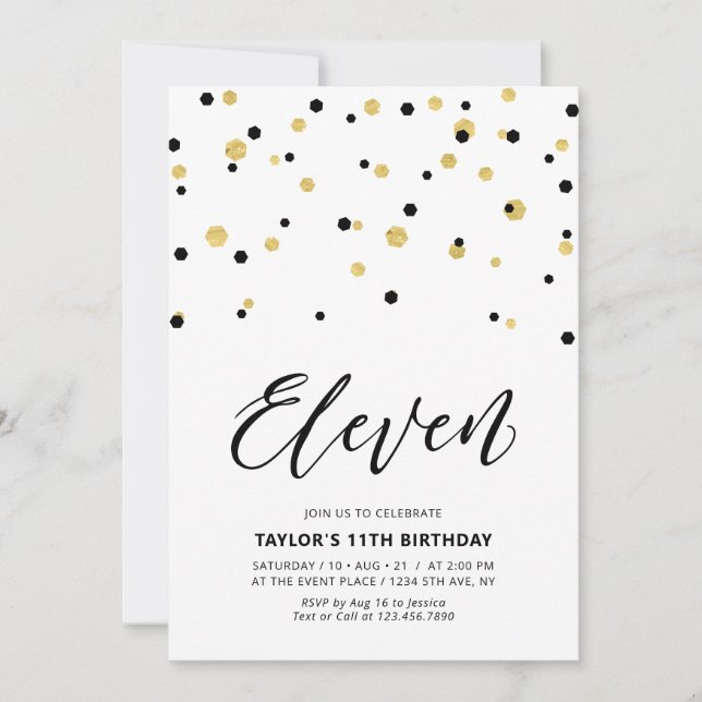 Black & Gold Simple 11th Teen Birthday Party Invitation (Front)
