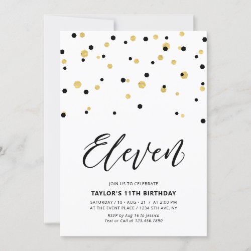 Black  Gold Simple 11th Teen Birthday Party Invitation