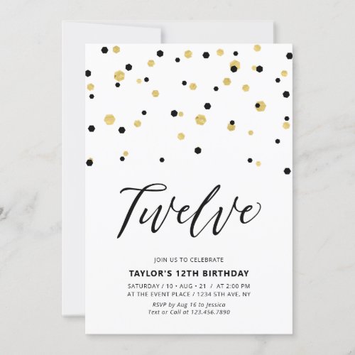 Black  Gold Simple 12th Teen Birthday Party Invitation