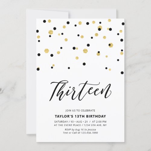 Black  Gold Simple 13th Teen Birthday Party Invitation