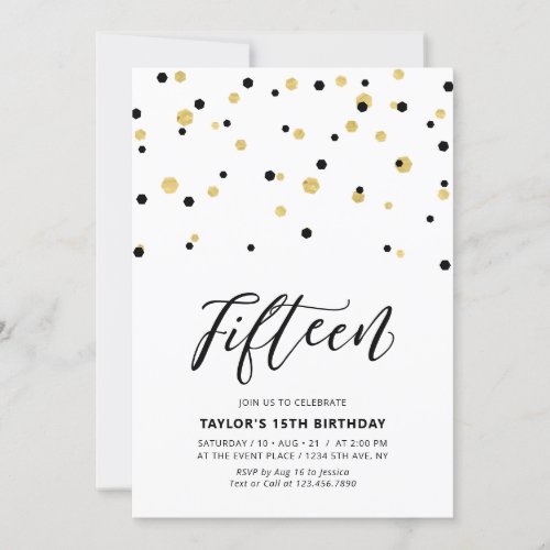 Black  Gold Simple 15th Teen Birthday Party Invitation