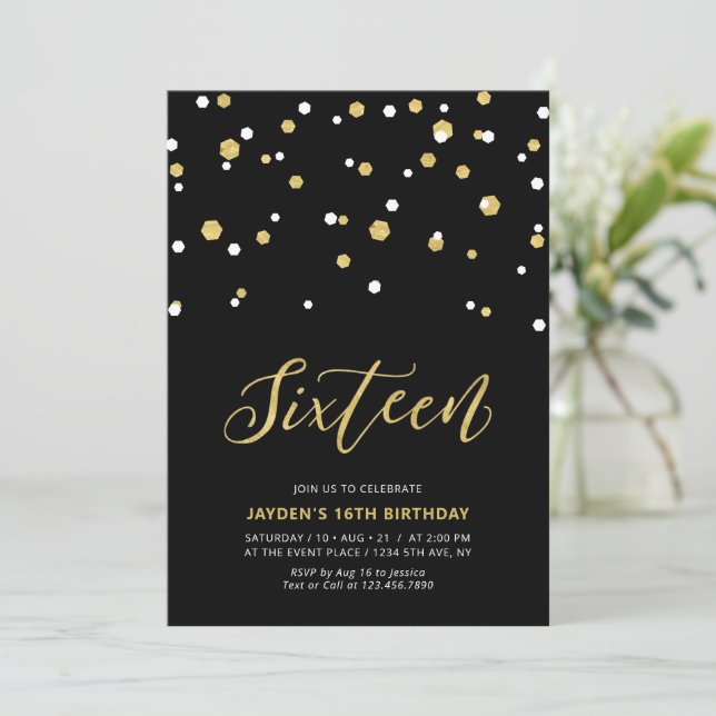 Black & Gold Simple 16th Teen Birthday Party Invit Invitation (Standing Front)