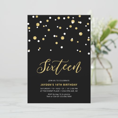 Black & Gold Simple 16th Teen Birthday Party Invit