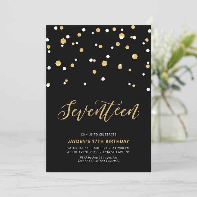 Black & Gold Simple 17th Teen Birthday Party Invit Invitation (Standing Front)