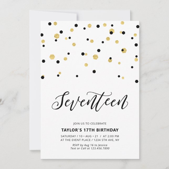 Black & Gold Simple 17th Teen Birthday Party Invitation (Front)