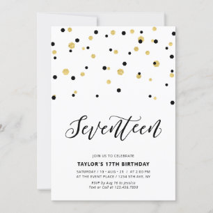 Black & Gold Simple 17th Teen Birthday Party Invitation