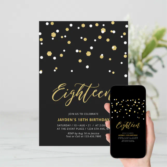 Black & Gold Simple 18th Teen Birthday Party Invit Invitation | Zazzle