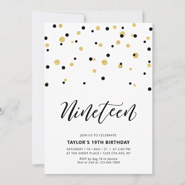Black & Gold Simple 19th Teen Birthday Party Invitation (Front)