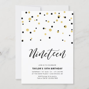 Black & Gold Simple 19th Teen Birthday Party Invitation