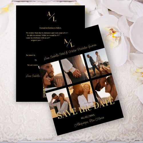 Black  Gold Simple Classic 6 Multi Photos Collage Save The Date