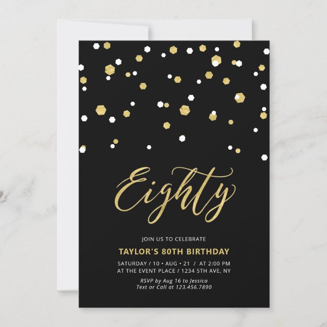 Black & Gold Simple Eighty 80th Birthday Party Inv Invitation (Front)