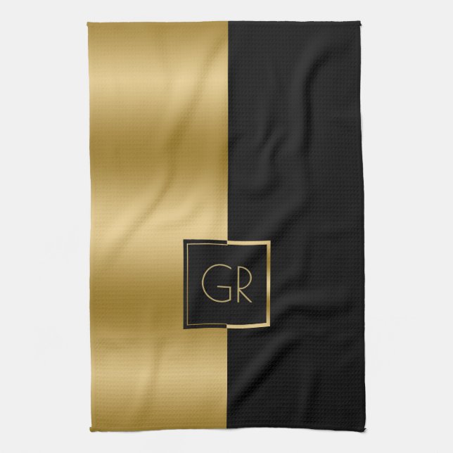 Black & Gold Simple Geometric Design Kitchen Towel (Vertical)