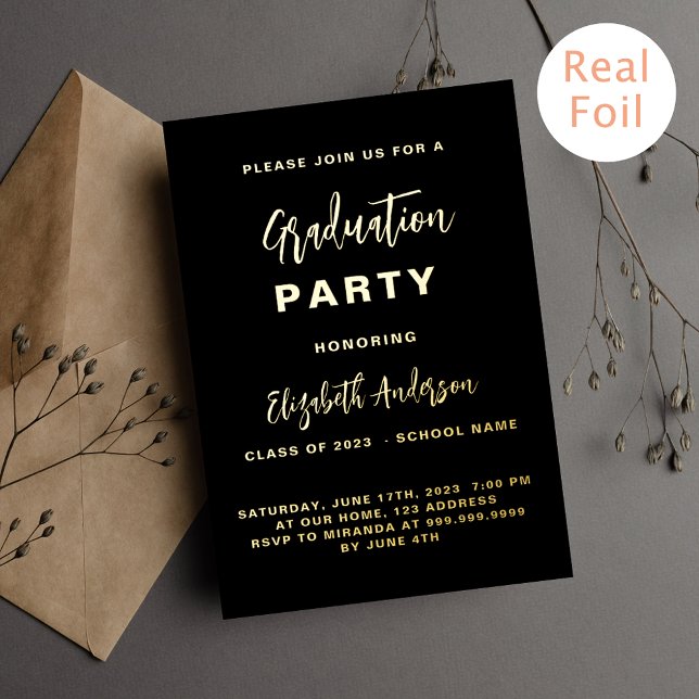 Black gold simple graduation party foil invitation (Creator Uploaded)