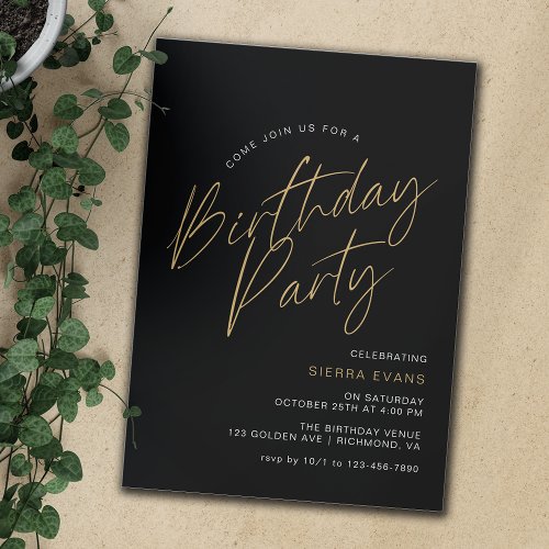 Black  Gold  Simple Minimal Typography Birthday Invitation