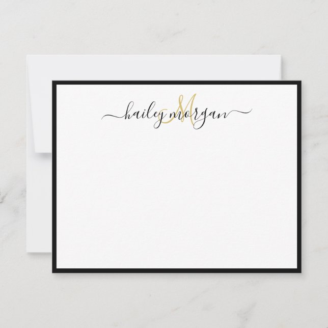 Black gold simple minimalist monogram script name note card (Front)