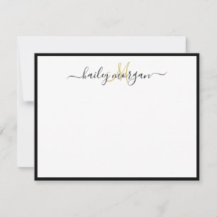 Black gold simple minimalist monogram script name note card