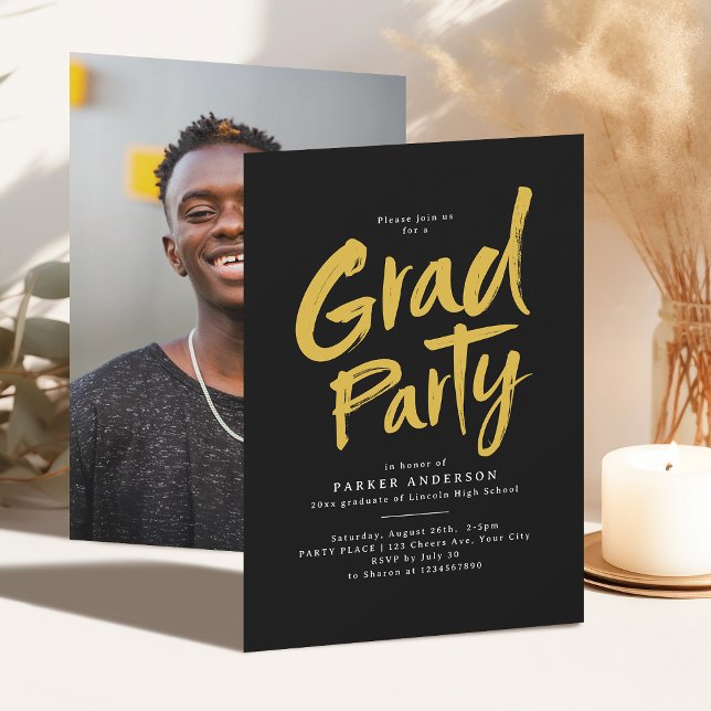 Black & Gold Simple Modern Brush Script Grad Party Invitation (Black & Gold Simple Modern Brush Script Grad Party Invitation)