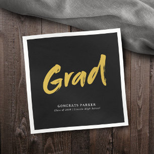 Black & Gold Simple Modern Brush Script Graduation Napkins
