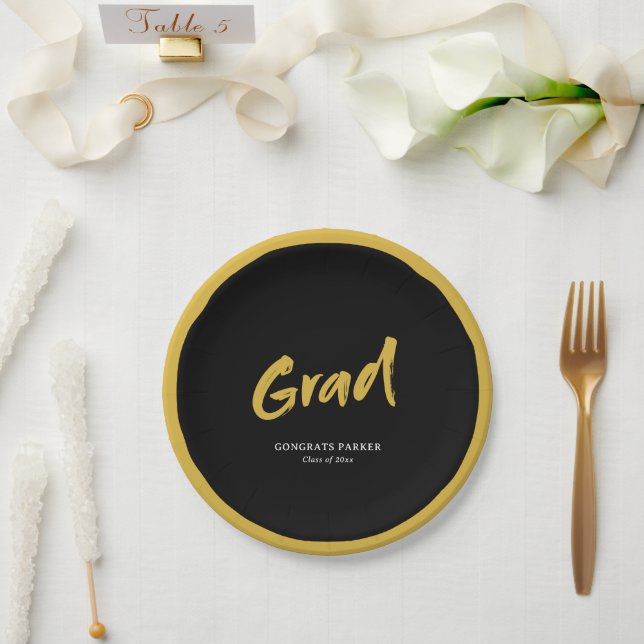 Black & Gold Simple Modern Brush Script Graduation Paper Plates (Wedding)