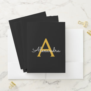 Black Gold Simple Modern Script Monogram Girly Pocket Folder