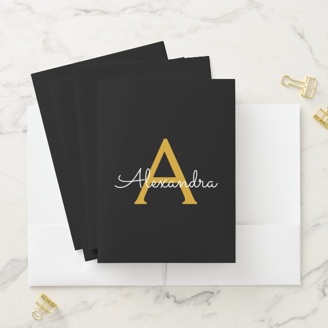 Black Gold Simple Modern Script Monogram Girly Pocket Folder (In Situ)