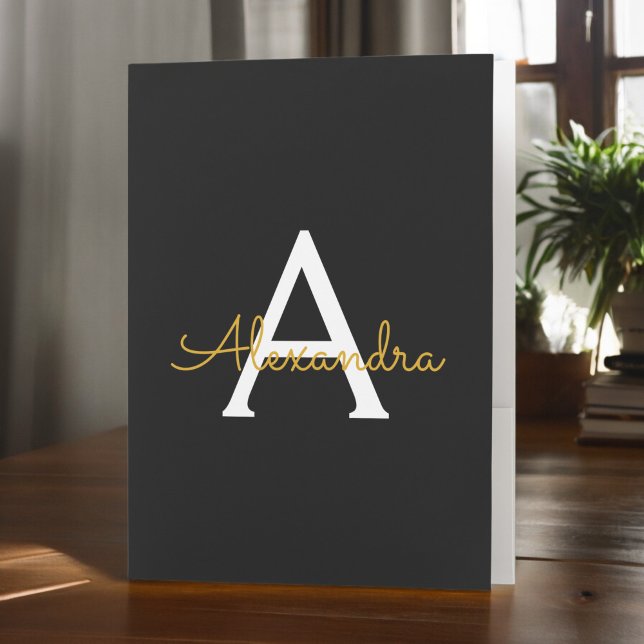 Black Gold Simple Modern Script Monogram Girly Pocket Folder (Creator Uploaded)