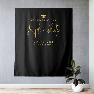 Black & Gold Simple Modern Script Name Grad Party Tapestry