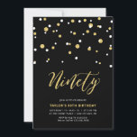 Black & Gold Simple Ninety 90th Birthday Party Inv Invitation<br><div class="desc">Celebrate your special day with this minimal 90th birthday party invitation. This design features a stylish lettering script "Ninety" with hexagon-shaped confetti with a black & gold color combo. More designs available at my shop BaraBomDesign.</div>