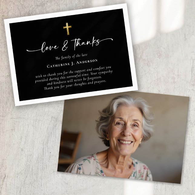 Black Gold Simple Script Cross Photo Funeral Thank You Card (Creator Uploaded)