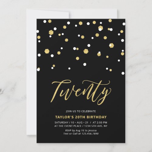 Black  Gold Simple Twenty 20th Birthday Party Inv Invitation