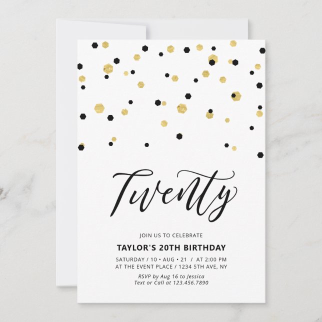 Black & Gold Simple Twenty 20th Birthday Party Invitation (Front)
