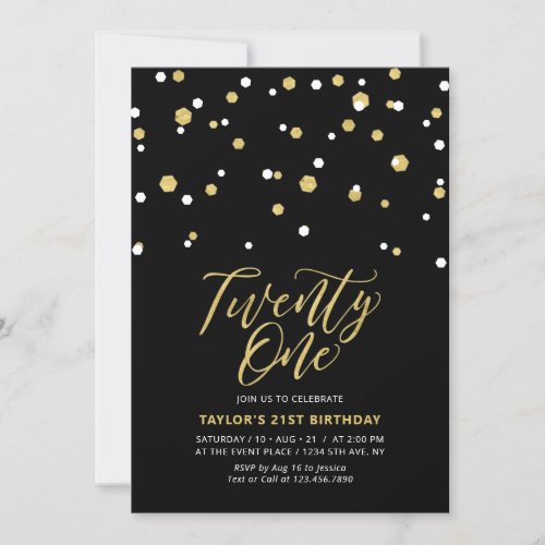 Black  Gold Simple Twenty One 21st Birthday Party Invitation