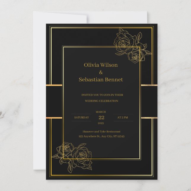 Black Gold Simple Wedding Invitation (Front)