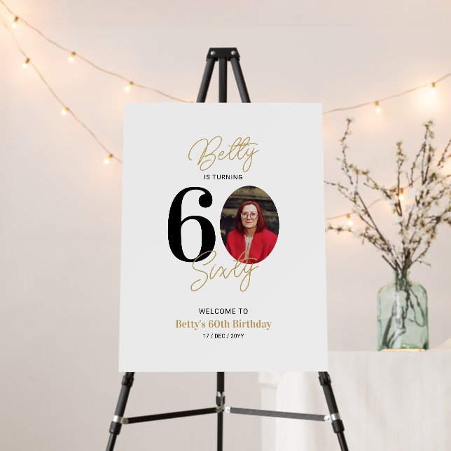 Black & Gold Sixty 60th Birthday Party Welcome Foam Board (In Situ (Stand))