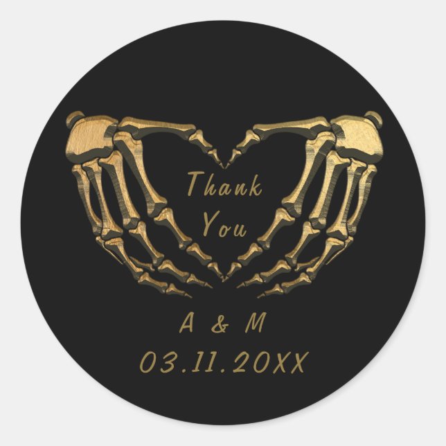 Black Gold Skeleton Gothic Hands Love Heart Shape  Classic Round Sticker (Front)