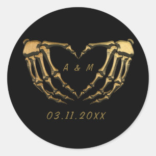 Black Gold Skeleton Gothic Hands Love Heart Shape Classic Round Sticker