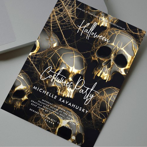 Black Gold Skull Adult Halloween Party Modern  Invitation