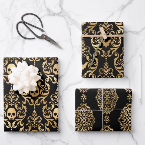 Black  Gold Skull Bats  Ornate Damask Halloween Wrapping Paper Sheets