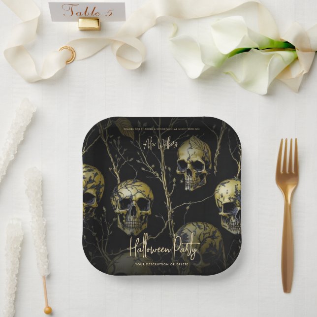Black Gold Skull Modern Adult Halloween Party  Paper Plates (Wedding)