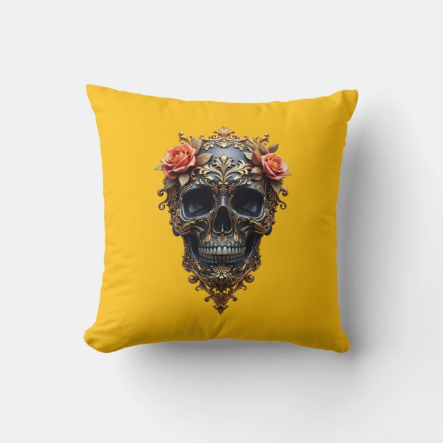 Black/Gold Skull Throw Pillow (Front)