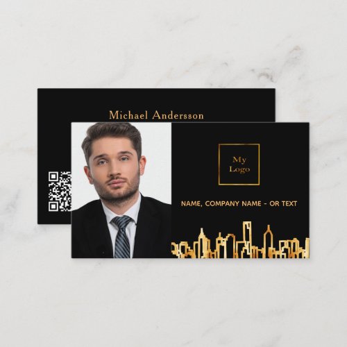 Black gold skyline real estate photo QR code logo Business Card