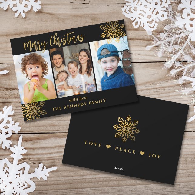 Black & Gold SnowFlake 3 Photo Collage Christmas  Holiday Card (Creator Uploaded)
