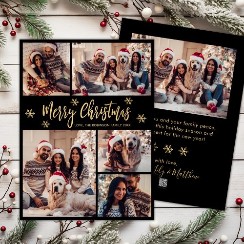 Black Gold Snowflake 5 Photo Collage Christmas  Holiday Card